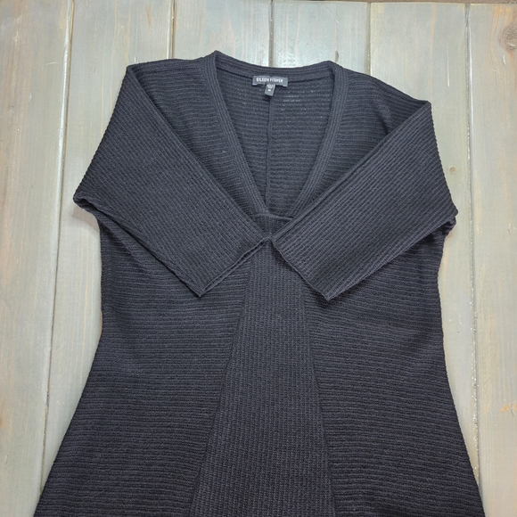 Eileen Fisher Black Wool Tunic Dress M Textured Knit V Neck Oversized Minimalist - Picture 9 of 10